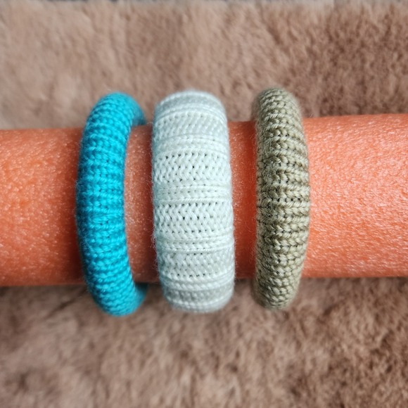 The Unbranded Brand Jewelry - Set of 3 Woven Wrapped Sweater Bangle Bracelets Teal, Cream & Gray